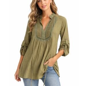 F.A.N.G Olive Green Boho Peasant Top Lace Detail | 100% Cotton | Size Medium
